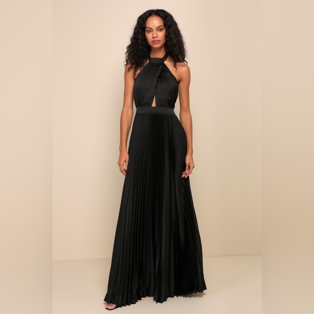 Lulus-Midnight Moves Black Pleated Satin Cutout Halter Maxi Dress